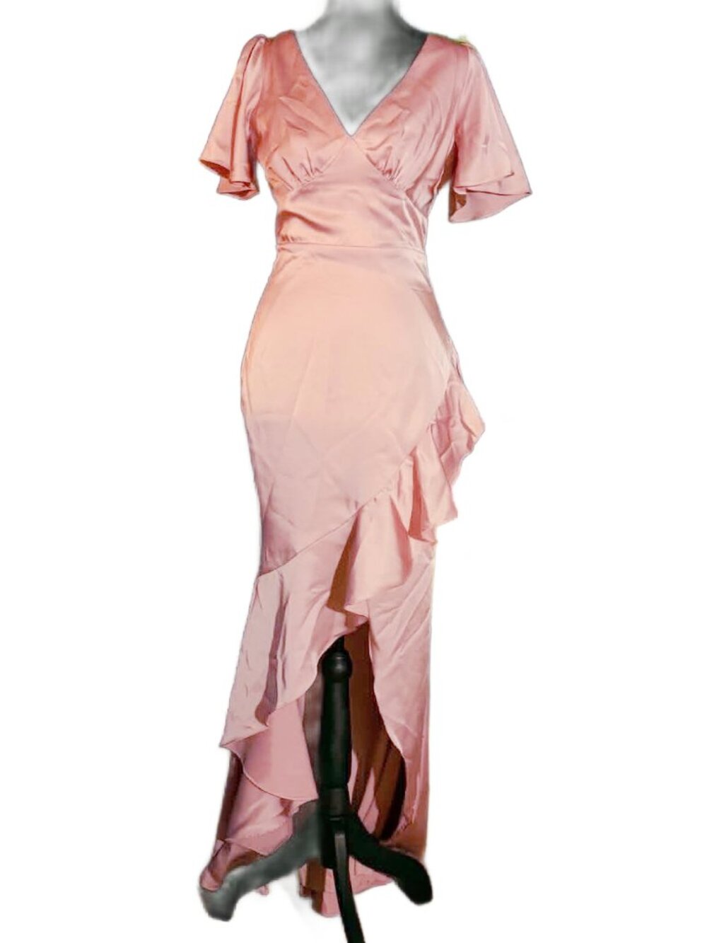 Lulus Mauve Pink Satin Ruffle High Low Maxi Dress Size XS Flutter Sleeve